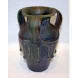 Unusual German Art Pottery Three Handled Vase With Thick Running Iridescent Glaze