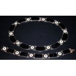 Danish Silver 925S Enamel Necklace And Bracelet Set, Black Enamel With White Flower Design