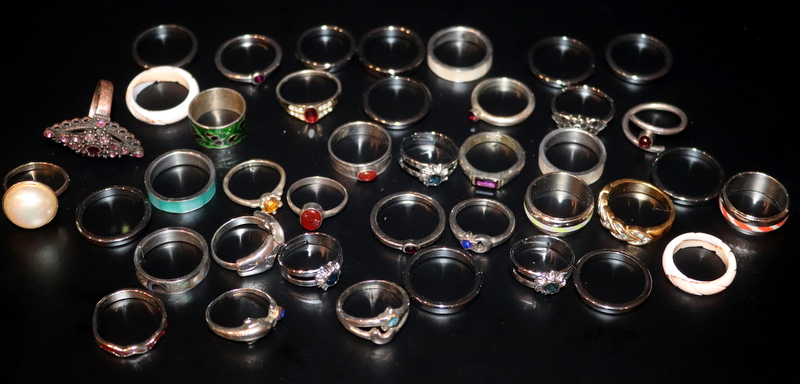 Collection Of 40 Dress Rings, All Different Designs, Colours, Some Stone Set And Enamelled