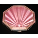 Silver Pink Guilloche Enamel Octagonal Compact, Fully Hallmarked For Birmingham Q 1940, Makers Mark