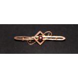 9ct Gold Bar Brooch With Central Garnet, Stamped 9ct