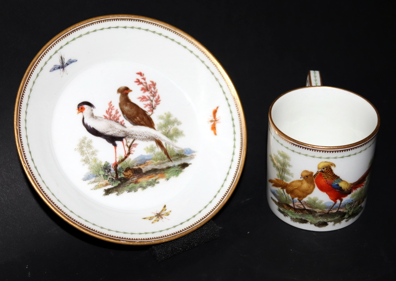 18thC Meissen Marcolini Period Coffee Can And Saucer, Painted With Various Birds And