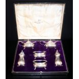 Six Piece Silver Condiment Set In Fitted Case, Of Plain Typical Form
