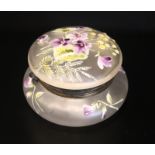 Victorian Glass Lidded Trinket Box Decorated In Coloured Enamels To The Lid Depicting Violets