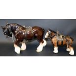 Two Brown Glazed Shire Horses With Harness, Tallest 10 x 12 Inches