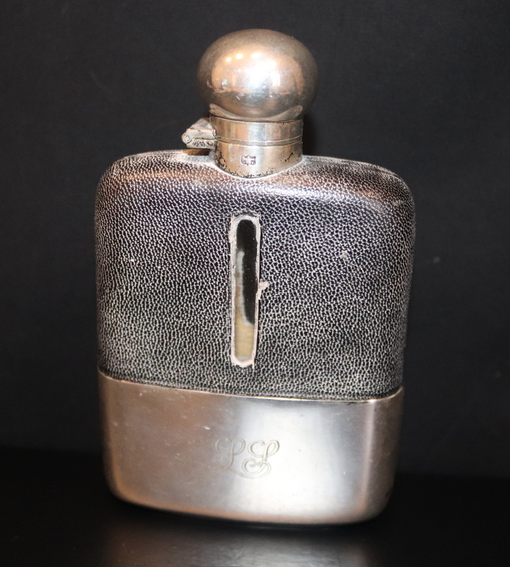 Early 20thC Hip Flask, Leather Clad With Silver Plated Removable Base Cover, 1/4 Pint