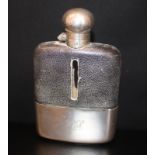 Early 20thC Hip Flask, Leather Clad With Silver Plated Removable Base Cover, 1/4 Pint