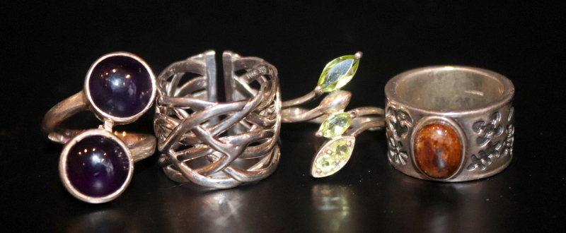4 Silver Rings, 3 Stone Set, Modernist, All Stamped Or Hallmarked