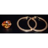 Silver Gilt Amber Ring Stamped 925 Together With A Large Pair Of Silver Hoop Earrings