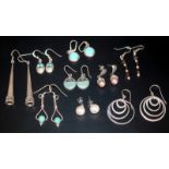 9 Pairs Of Silver Earrings, Some Stone Set