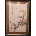 Chinese Tientsin Silk Embroidery, Depicting Finches In Cherry Blossom, Artist Signed
