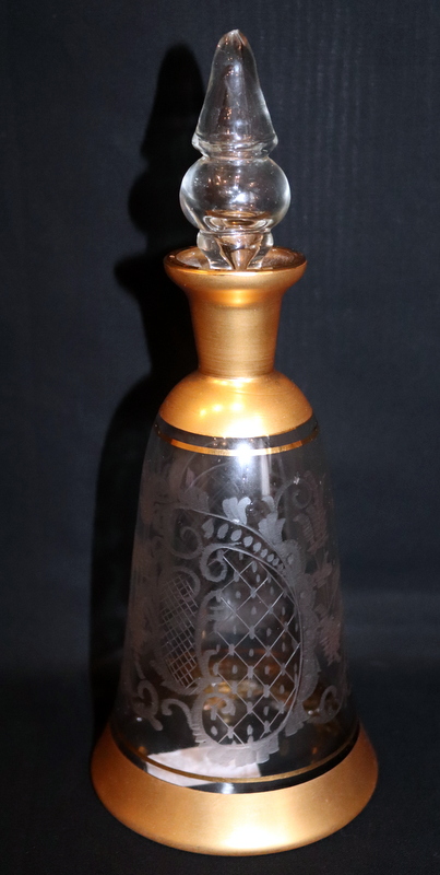 19thC Continental Etched Glass Decanter With Gilt Neck And Base, Floral Decoration