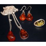 Mixed Lot Of Amber Jewellery Comprising A Pair Of Silver Drop Earrings, Silver Necklace