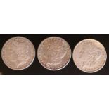 1879 1889 & 1896 Silver Dollars, 3 American Silver Morgan Dollars