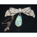 Antique Platinum & 18ct Diamond And Opal Brooch, Formed As A Bow With Larger