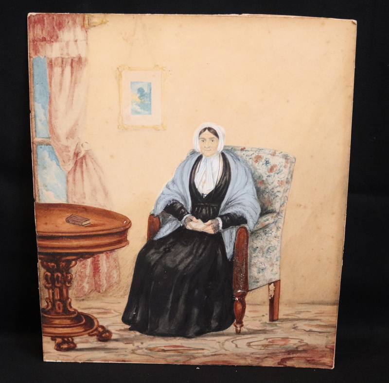 Early Victorian Naive Primitive Watercolour Drawing On Paper Of A Lady