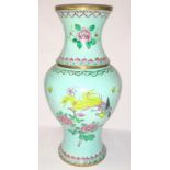 Nice Quality Early 20th Century Cloisonne Vase. Pastel Green Background With Floral Decorations