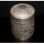 Middle Eastern Silver Cylindrical Box With Removable Cover, Embossed Floral Decoration