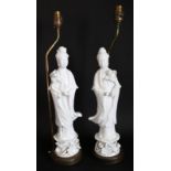 Pair Of Chinese Blanc De Chine Guanyin Dehua Figures, Adapted To Lamps, Height 14 Inches