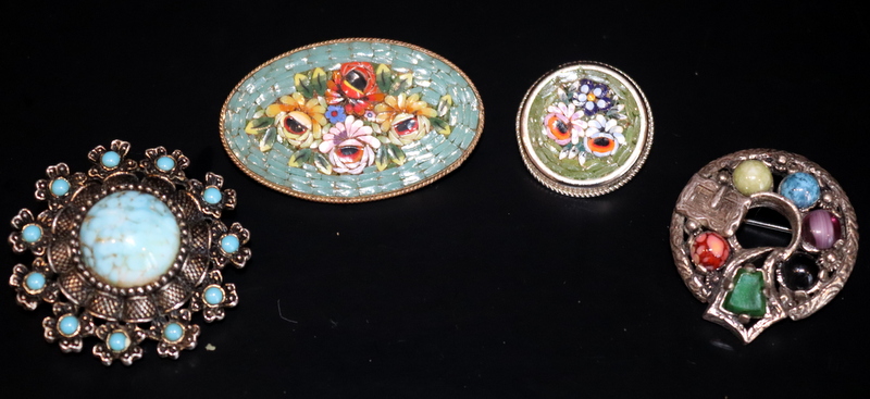 Collection Of 4 Brooches To Include 2 Micro Mosaic, 1 Stamped Italy, A Miracle Stone Set