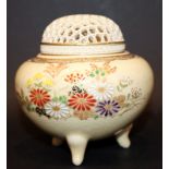 Small Japanese Satsuma Pot Pourri Vase, Decorated With Flowers, Tripod base