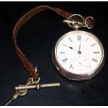 Gents Silver Pocket Watch With Leather Strap, T Bar & Key, Hallmarked For London