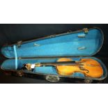 Three Quarter Size Violin, Late 19thC , Unmarked, Complete In Antique Wooden Case