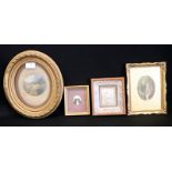 Four Framed Antique Pictures, Comprising Oval Painted Porcelain Dog Plaque, Russian Silver Embossed