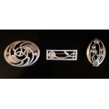 3 Silver Mackintosh Style Brooches Comprising Rectangular Rose Stamped 925 ©, Kit Heath