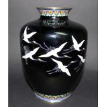 Fine Quality Japanese Cloisonne Oviform Shaped Vase, Decorated With A Flock Of