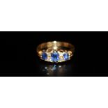 Early 20thC 18ct Gold Sapphire And Diamond Ring, Set With Three Sapphires Between