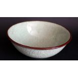 Celadon Crackle Glazed Bowl, Glazed Brown Rim, Diameter 6 Inches