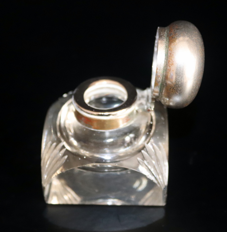 Art Deco Design White Metal Topped Cut Glass Inkwell