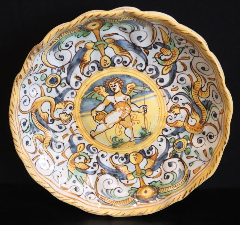 17thC Italian Majolica Footed Tazza, Collectors Label To Underside, Decorated