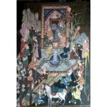 Persian Miniature Painted On Silk Material Depicting A Royal Court