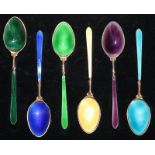 Boxed Set Of Six Silver Gilt Enamelled Coffee Spoons, In Greens