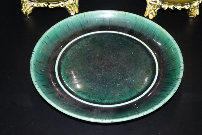 3 Pieces Of Antique Green Glazed Pottery Comprising A Linthorpe Plate - Image 3 of 5