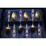 6 Gilded Russian Cloisonne Teaspoons In Fitted Case