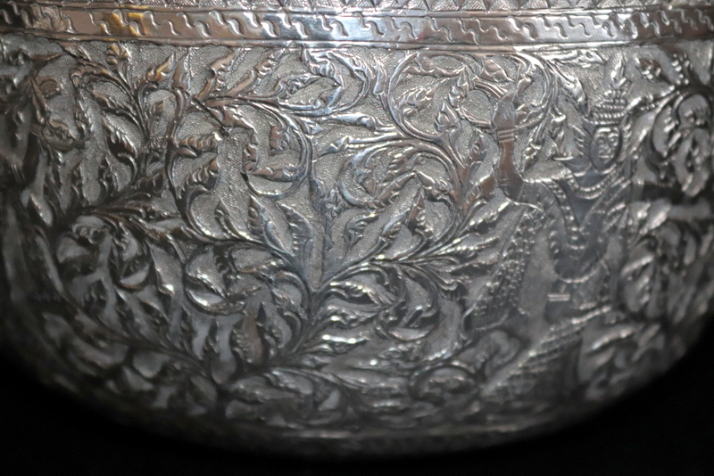 19thC Burmese Silver Bowl, Finely Embossed With Dancing Temple Girls - Image 3 of 6