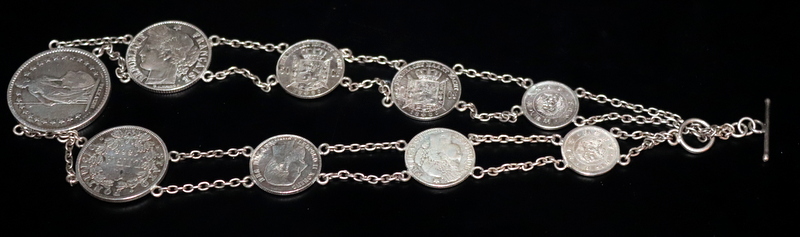 19thC Continental Silver Coin Necklace, Nine Various Coins With Chain