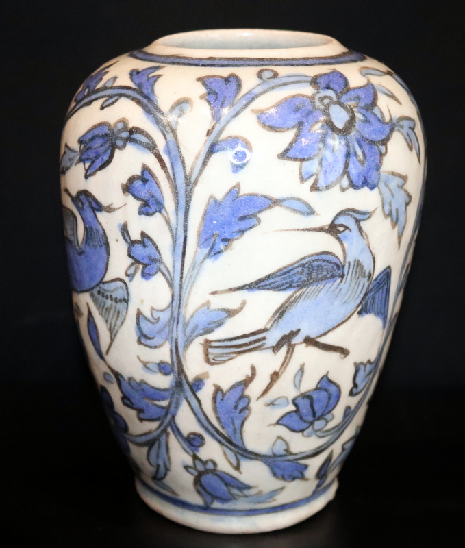 Antique Iznik Pottery Vase, Ovoid Shape Decorated With Bird And Flower