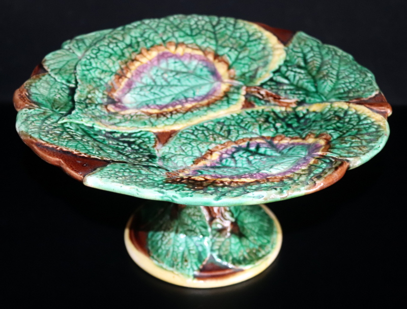 Victorian Majolica Comport With Moulded Leaf Design, Marked W To Base