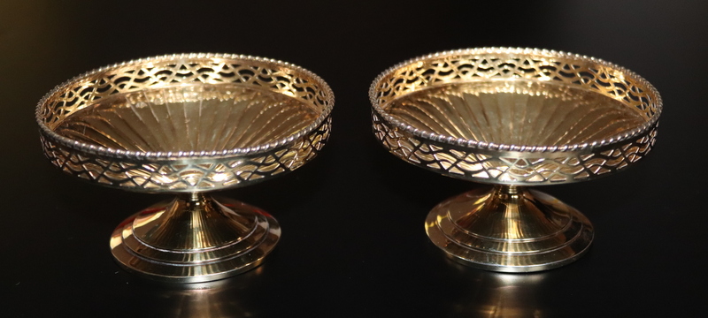 Pair Of Silver Gilt Art Deco Bonbon Dishes With Pierced Gallery, Of faceted Form, Fully Hallmarked