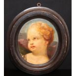 18thC Painting On Oval Panel, Depicting A Cherubs Head, Pencil Inscriptions To