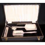 Broadway & Co Silver Brush Set In Fitted Case With Original Label, Comprises 2 Brushes, Comb & Mirro