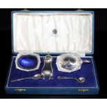 Mappin & Webb Silver 3 Piece Condiment Set In Fitted Box, Blue Glass Liners, Fully Hallmarked