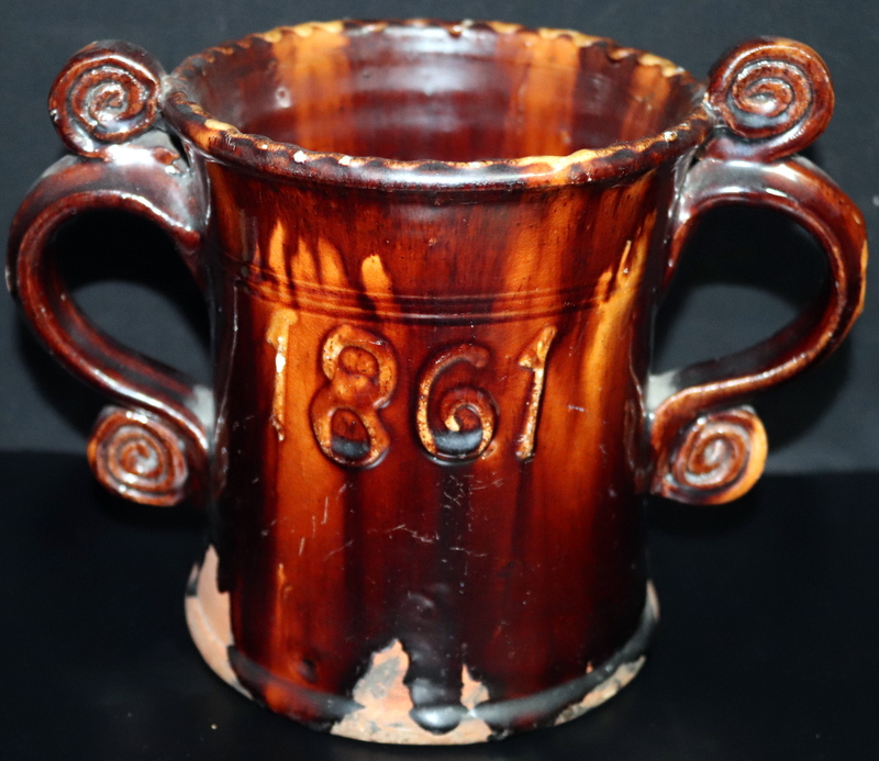Antique Brown Glazed Two Handled Loving/Marriage Cup, Probably Bennington
