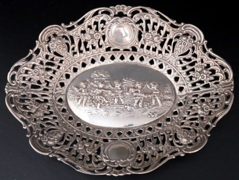 Continental Silver Bowl, Shaped Edge With Pierced Border And Embossed
