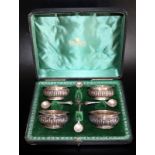 Set Of 4 Half Fluted Silver Salts With 4 Matching Spoons In Fitted Case