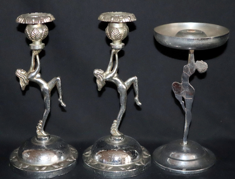 Pair Of Chrome Art Deco Candlesticks The Stems In The Form Of Naked Maidens